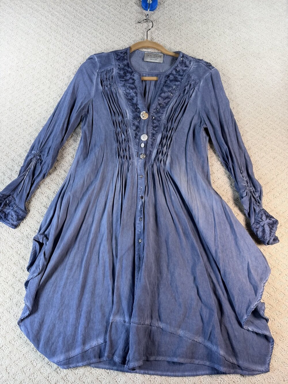 Elisa Cavaletti Dress Womens Blue V-Neck Long Sleeve Sequin Ruched Size M
